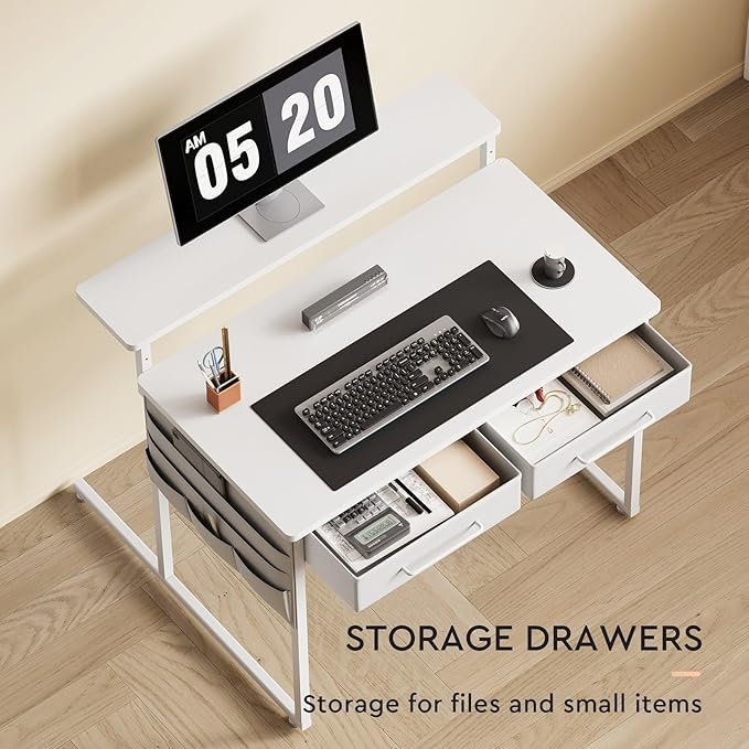 Small desk with Drawers 31.5X15.8-22.9 Inches Office Computer Desk with Side Pocket &amp Ergonomic Adjustable Monitor Stand Writing Table for Small Spaces Kids desk vanity desk Bedroom White