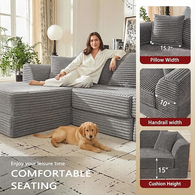 102 L-Shaped Modular Corduroy Cloud Sofa 3-Seater with Reversible Chaise Modern Deep Seat Memory Foam Boneless Cushion for Living Room Apartment Bedroom No Assembly Required