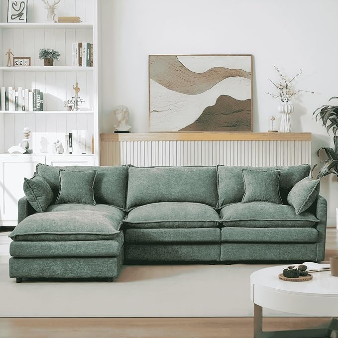 Homy Casa 102 Inch L Shaped Couch Set3-Seat Sectional Sofa with Chaise Comfortable Chenille Fabric Removable Cushions Ottoman DIY CombinationModern Design for Living/Family Room (Mint Green)