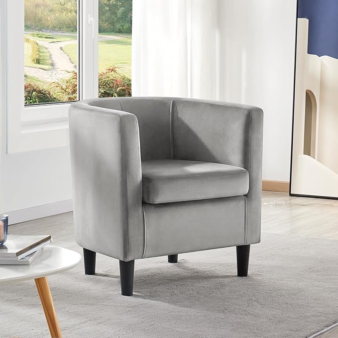 Yaheetech Accent Chair Modern Velvet Armchairs with Big Ample Seat Half Rounded Back Cozy Upholstered Barrel Sofa Chair for Living Room Bedroom Waiting Room Gray