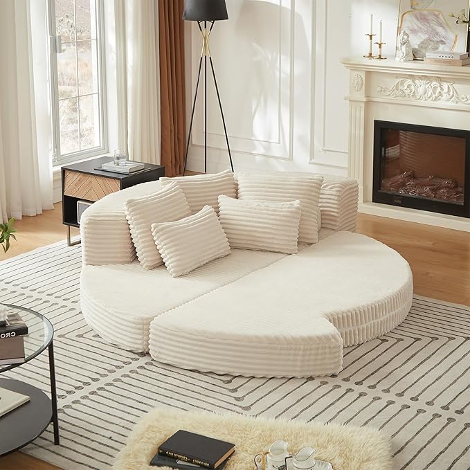 Curved Convertible Futon Sleeper Sofa Bed 78.5 Boneless Couch with Pull-Out Bed Corduroy Semi-Circular Foldable Floor Mattress for Living Room No Assembly Required Left Curved Beige