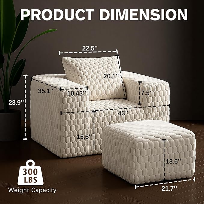 43 Boneless Couch Chair with Ottoman Comfy Lounge Sofa Couch with Pillow Corduroy Lounge Chair Single Upholstered Armchair Reading Chairs for Living Room Bedroom No Assembly Required White