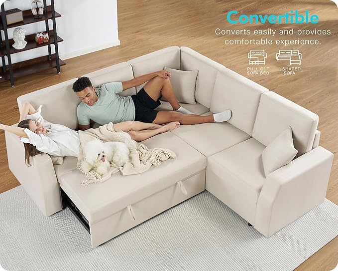 VanAcc Sofa Bed 85 Inch Sleeper Couch with Storage Seat L Shaped Sofa with Pull Out Sofa Bed Sectional Couches for Living Room Apartment Beige Linen Couch Sofa