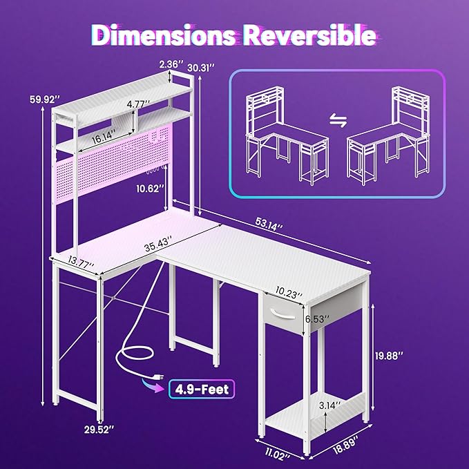 Apicizon L Shaped Gaming Desk 53 Reversible Corner Computer Desk with LED Lights Carbon Fiber Surface Pegboard with Hooks Drawer &amp PC Tower Stand USB Charging Port