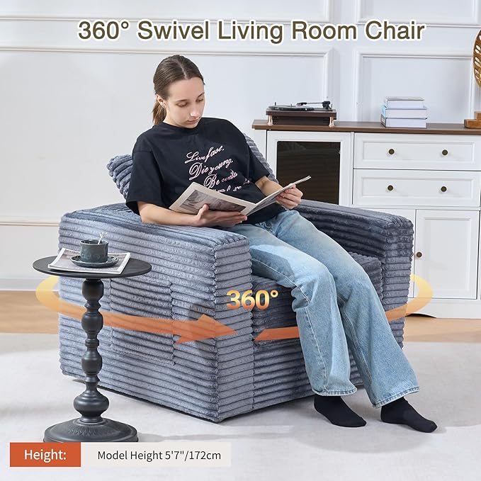 EROMMY 37.4 Boneless Swivel Accent ChairOversized Detachable Seat Swivel Chair for Living Room and Bedroom Modern Corduroy Upholstered Accent Armchair Grey