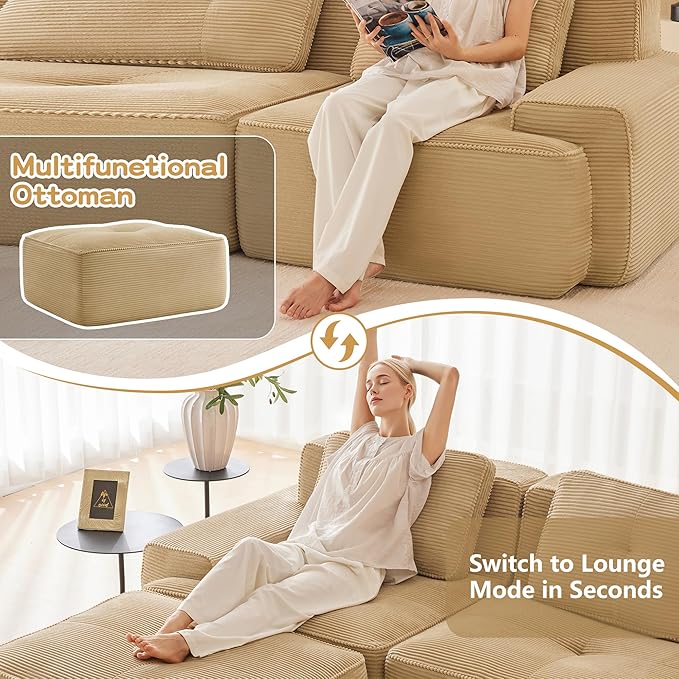 Boneless Couch Modular Sectional Sofa 153 Modern Cloud Couch with Deep Seat Comfy Corduroy U Shaped Sectional Couches for Living Room 4 Seater Tufted Floor Sofa with Movable Ottoman Camel