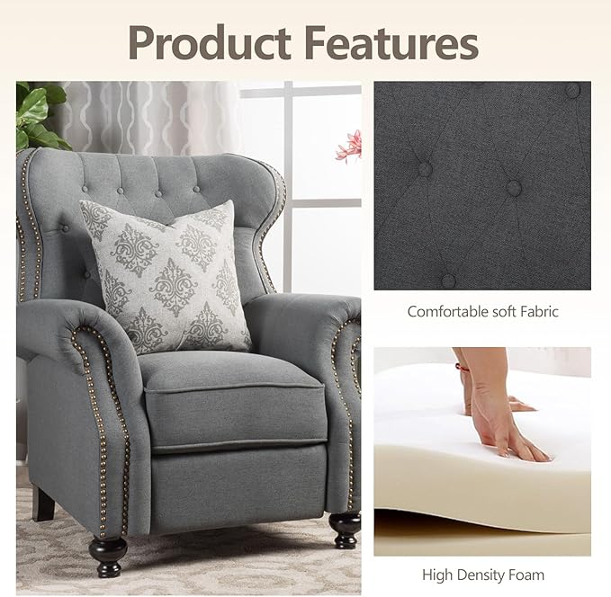 Pushback Recliner Chair Fabric Armchair Push Back Recliner with Rivet Decoration Mid Century Wingback Accent Chair for Living Room Bedroom Stable Hump Feet (Charcoal)