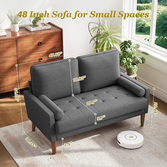 Vesgantti Loveseat Sofa with Solid Wood Legs 48 Small Couches for Small Spaces Love Seat for Living Room Bedroom Easy Assembly Mid Century Modern Couch with Throw Pillow for Apartment Grey