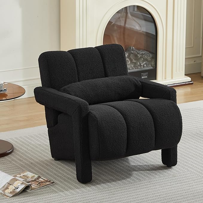 LOULENS Sherpa Accent Chair for Living Room Modern Upholstered Armchair with Thick Cushion and Pillow Comfy Teddy Chair for Bedroom Apartment Waiting Room Black