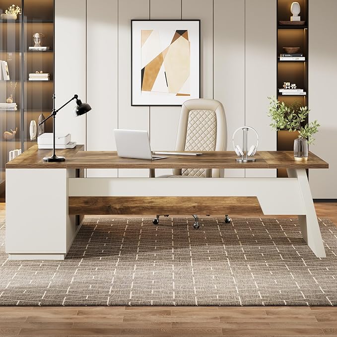 Tribesigns 78 L-Shaped Executive Desk Large Modern Office Desk with Drawers and Lateral File Cabinet Business Furniture with Storage Shelves Big Computer Desk for Home Office (Brown + White)