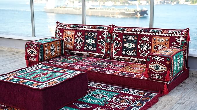 arabicsofa Maroon Arabic Majlis Sofa with Cushions – Modular Loveseat Floor Sofa for Living Room