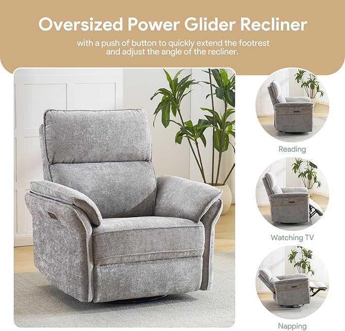 Oversized Power Recliner Chairs for Adults with Massage and Heat Power Swivel Rocker Recliner Chair with Adjustable Headrest 26 Extra Wide Rocker Nursery Recliner with USB Port Light Grey