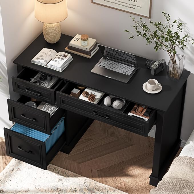 Farmhouse 47 Executive Desk with 3 Drawers and Adjustable File Drawer Workspace for Home Office and Study Pure Black.