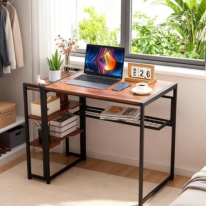 CABIHOME Folding Computer Desk Writing Computer Desk with Storage Shelf 35 Inch Spaces Saving Writing Sturdy Table No Assembly Home Office Bedroom Dorm Apartment Brown