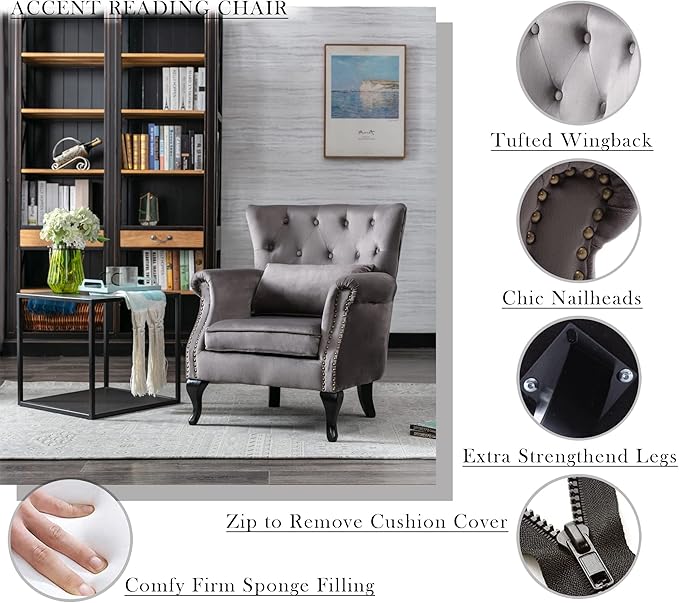 Mid Century Modern Accent Chair Upholstered Armchair Comfy Velvet Fabric Single Sofa with Tufted Wingback for Small Spaces Bedroom Living Room Grey