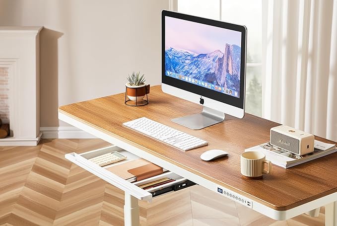 KINGSMITH 55x24 Inches Whole Piece Electric Standing Desk with Drawer Dual Motors Height Adjustable Stand up Desk for Home Office Ergonomic Sit to Stand Desk Computer Workstation Rustic Brown