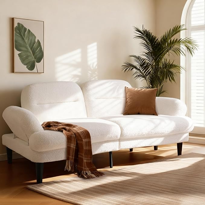 79'' Futon Sofa Bed Plush Sherpa Cloud Futon Sofa Couch with Adjustable Backrest and Armrests Foam and Spring Folding Sofa Bed Convertible Recliner Sleeper Sofa for Apartment Living Room Beige