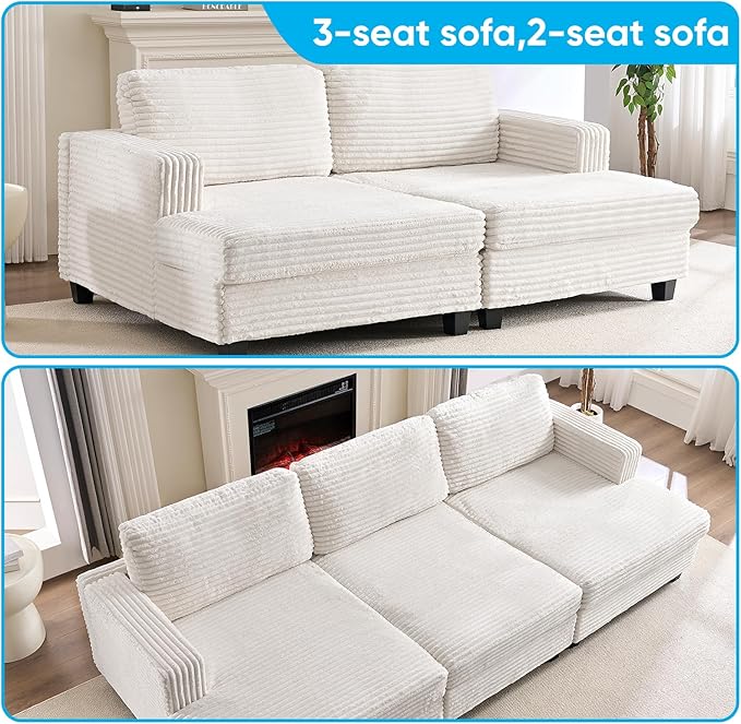 Mjkone 120 W Oversized Deep Seat Sofa Upholstered Corduroy 3 Seat Sofa Modular Sectional Couch with Wooden Frame Modern Sleeper Sofa Bed for Living Room Office Beige