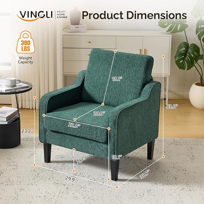 VINGLI Upholstered Chenille Accent Chair for Living Room Bedroom Mid-Century Modern Arm Chair Comfy Reading Chair with Scooped Arms (1 Dark Green)