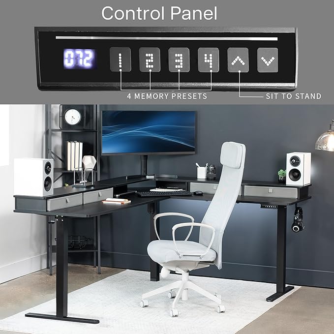 VIVO Electric Mobile Corner 75 x 63 inch 2 Tier Stand Up L-Shaped Desk Height Adjustable Memory Controller Storage Drawers Black Top Black Frame DESK-E3CVB-75