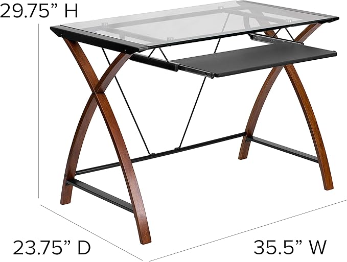 Flash Furniture Jude Tempered Glass Computer Desk with Pull-Out Keyboard Tray and Crisscross Frame Small Computer Desk for Home Office Cherry/Clear