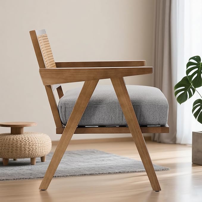 GarveeHome Mid-Century Farmhouse Accent Chair - Wood Armchair with Rattan Backrest &amp Linen Cushion for Living Room Bedroom - Gray Easy Assembly(2 Pcs)