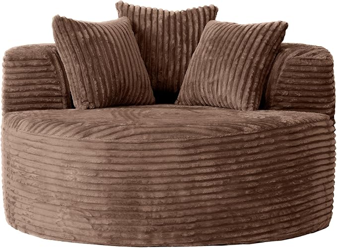 JACH Oversized Sofa Chaise with Three Pillows 50 Corduroy Deep Seat Single Sleeper Sofas Round Upholstered Lazy Floor Sofa for Living Room Apartment Brown