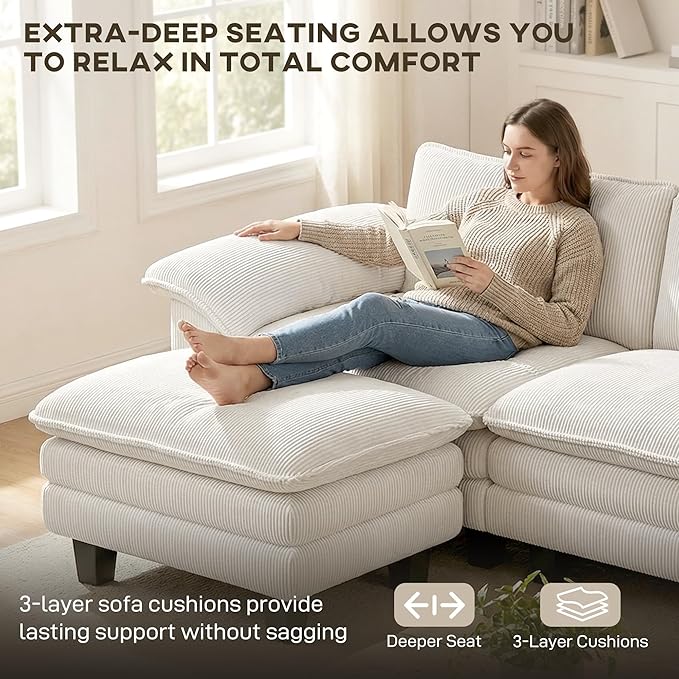 HOMCOM Modular Sectional Sofa Couch 124 Oversized L Shape Sectional Cloud Couch with Deep Seat Movable Ottoman and Pillow-top Armrests for Living Room Bedroom and Apartment Beige | Deep seat