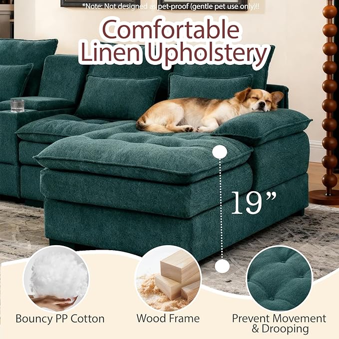 130 U-Shaped Modular Sectional Sofa Oversized Cloud Couches with Storage Console &amp Cup Holders Linen Sofa with Chaise/Pillows 6-Seater Deep Seat Couches for Living Room (Green) | Breathable ma