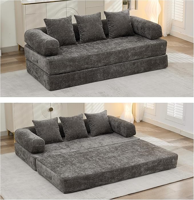 4 in-1 Folding Convertible Sofa Bed78.8 Folding Floor Mattress Couch Comfy Chenille Boneless Couch Lounge Loveseat with Pull Out Bed No Assembly (Light Grey)