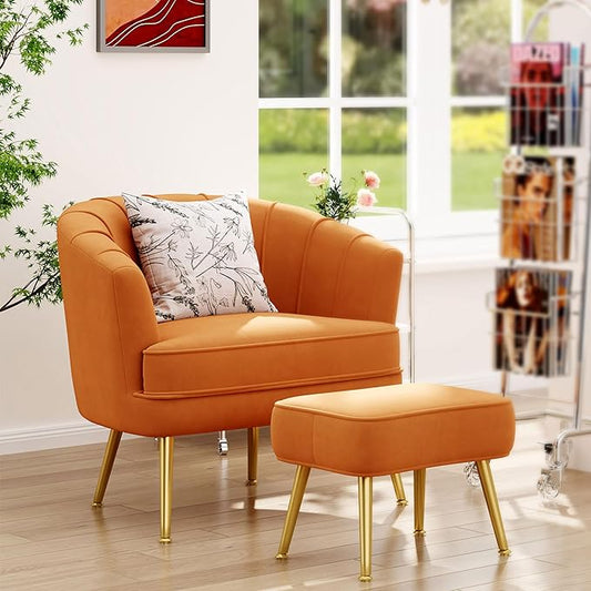 Andeworld Velvet Accent Chair with OttomanUpholstered Modern Single Sofa Side ChairComfy Barrel Club Living Room Armchair with Golden Metal Legs for Bedroom Living Reading Room OfficeCaramel Orange