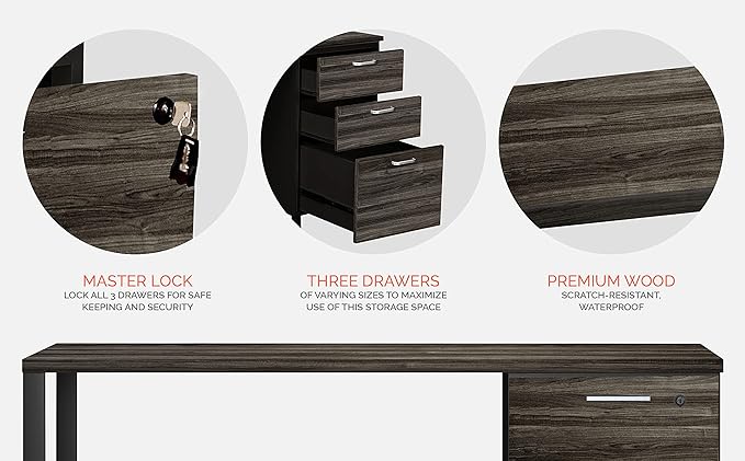 Modern Design Milano Office Computer Desk with 3 Locking Drawers 48 Inch Grey and Black Industrial Wood Desk with Filing Drawer and Storage by Crafts and Comfort