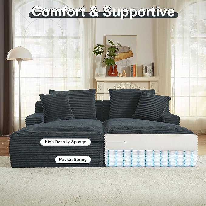 78” Oversized Double Chaise Lounge Indoor Corduroy Sleeper Sectional Couch Upholstered Boneless Cloud Sofa Deep Seat Comfy Plush Chair Bed for Living Room