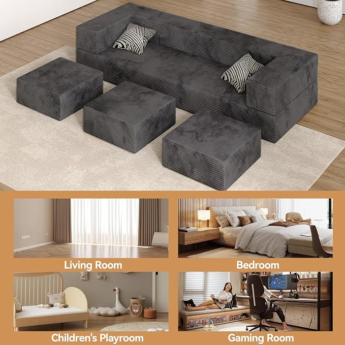 80'' Queen Convertible Floor Sofa Bed Velvet Folding Bed Couch with 3Ottomans Modular Sectional Floor Sofa Futon Sleeper Memory Foam Mattress for Guest/Living Room/PlayroomDeep Grey