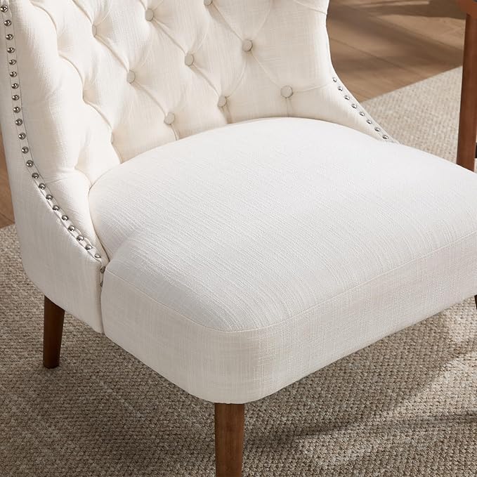 Kmax Accent Chair Slipper Chair with Button Tufted Wingback Armless Living Room Chair with Nails Decorative Modern Side Chair for Bedroom Reception Office Small Space - Linen Beige Walnut Legs