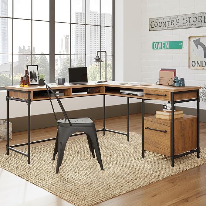 Sauder Iron City L Desk Checked Oak Finish
