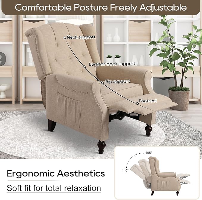 Wingback Recliner Chair with Massage and Heat Tufted Fabric Push Back Arm Chair Recliner Chair for Living Room Bedroom Home Theater (2Beige)