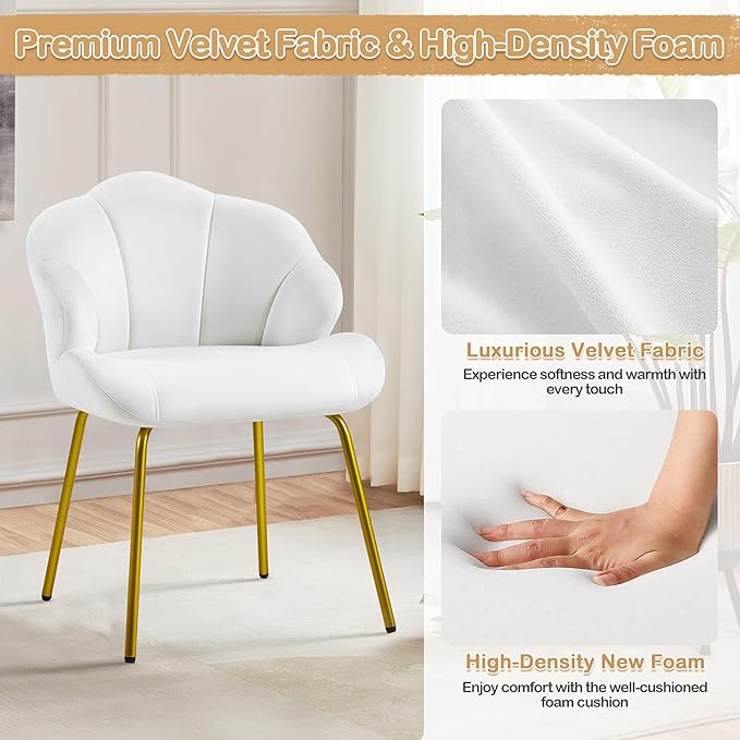 Yaheetech Vanity Chair Velvet Accent Chair with Shell-Shaped Backrest Modern Armchair with Gold Metal Legs for Dressing Room/Bedroom/Living Room White