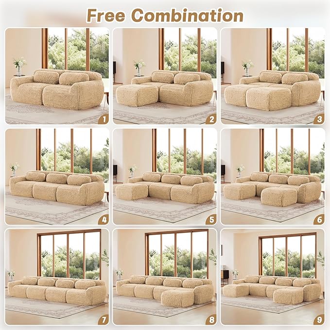 115 Sectional Couches for Living Room Comfy Boneless Couch 3 Seater Cloud Sofa Compressed U Shaped Couch with 2 Ottomans Modern Modular Sectional Plush Floor Sofa No Assembly (Camel)