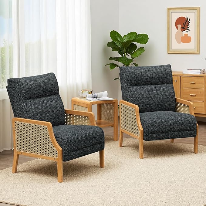 Accent Chair Set of 2 with Rattan Armrest Armchair with Breathable Linen Fabric Upholstered Arm Chair for Living Room Bedroom Dark Gray