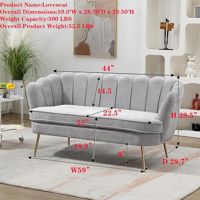 Modern Chenille Loveseat CouchFuton Small Sofa with Gold Metal Legs 2-Seater Upholstered Mini Sofa Couches for Small SpaceLiving Room Bedroom Office Dorm Studio Apartment Love Seat Couche(Grey)