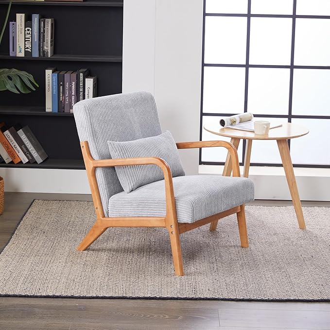 Mid-Century Accent Chair Upholstered Fabric Living Room Chair with Solid Wood Frame Modern Small Side Arm Chairs Comfy Wingback Reading Chair for Bedroom Office (Light Gray)