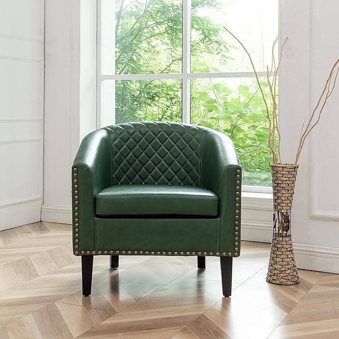 KINWELL 29 W Modern Faux Vegan Leather Barrel Chair PU Upholstered Tufted Accent Club Chairs with Nailhead Trim Small Armchair for Living Room Bedroom Apartment Lounge Nursery Green