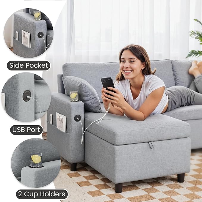 Sleeper Sofa Couch with Pullout Bed 83.5'' L Shaped Convertible Sofa Bed Couches for Living Room Small Apartment Pull Out Couch with USB Storage Chaise Cup Holder Linen Fabric Light Grey