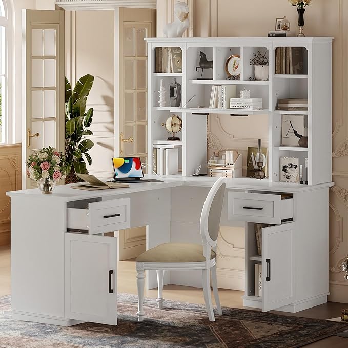 L Shaped Computer Desk with Drawers Bookshelf &amp Hutch Modern Corner Home Office Desk L-Shaped Study Table Writing Corner Gaming Computer Desk with Storage (White)