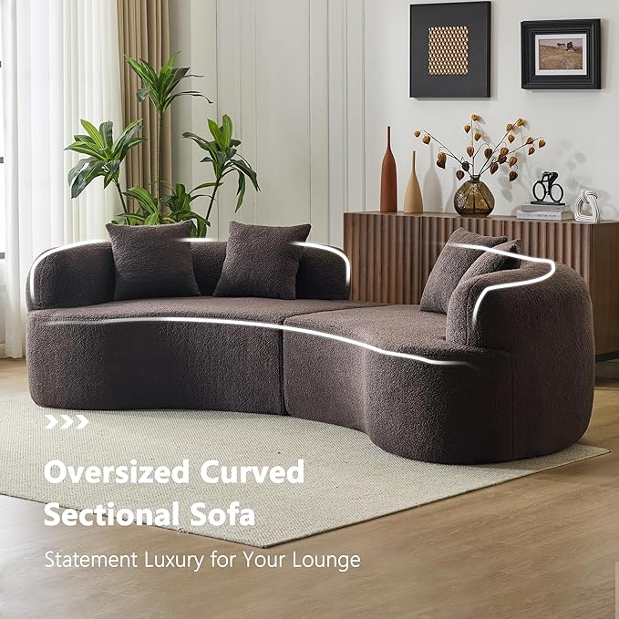 DEINPPA Curved Modular Sofa Couch with Pillows 4-Seater Teddy Cloud Couches for Living Room Apartment Office No Assembly Required-Brown