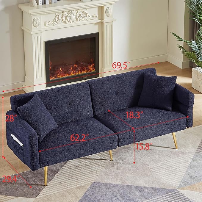 69.5'' Futon Loveseat Sofa Bed Comfy Teddy Upholstered Folding Couch with Adjustable Backrest and ArmrestsSleeper Couches with Side Pocket and Gold Metal Legs for Living Room (Dark Blue)