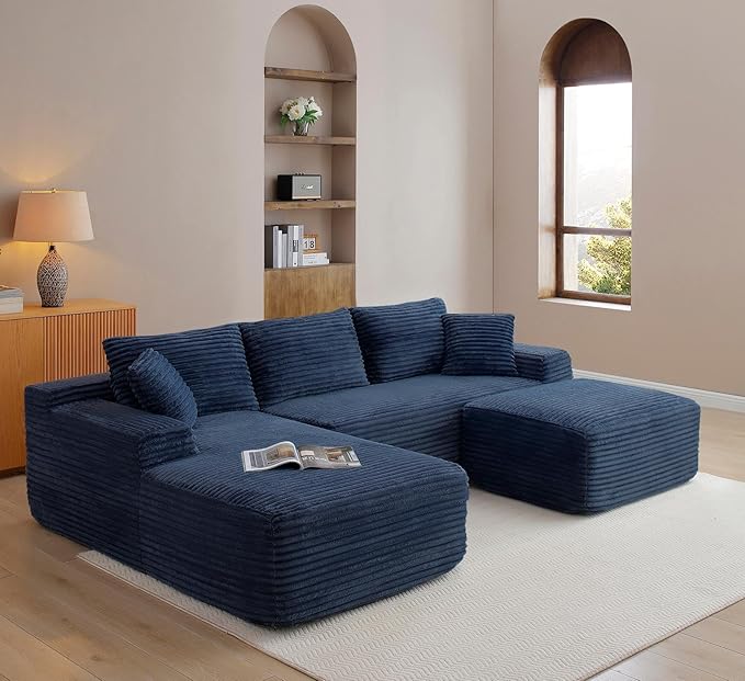 KEIKI 3 Seater Corduroy Boneless Modular Sectional Couch Sofa with Oversized Chaise Lounge Ottoman &amp Back Cushions Deep Seat Modern L-Shape Cloud Compressed Sofa Couches for Living Room Bedroom