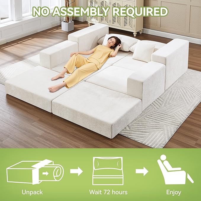 79 Boneless Cloud Loveseat Sofa Couch Modular Foldable Floor Sofa with Ottoman Chenille Lounge Convertible Sofa Bed for Living Room No Assembly Beige