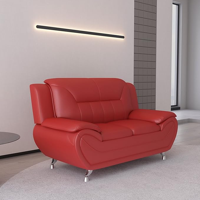Michael Modern Faux Leather Upholstered Stainless Steel Legs Living Room Loveseat Persian Red